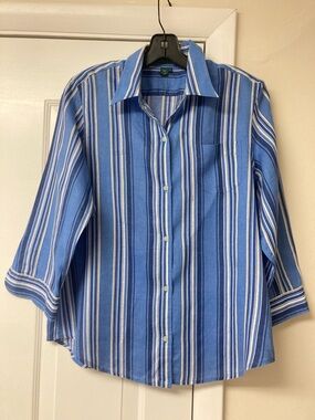 Lauren Ralph Lauren Blue Linen Striped  Blouse 3/4 sleeves sz L Washable